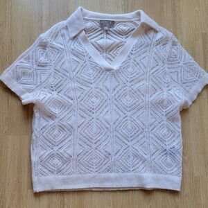 J.Crew Cashmere Pointelle Knit Polo Sweater Ivory XL Short Sleeve V-Neck